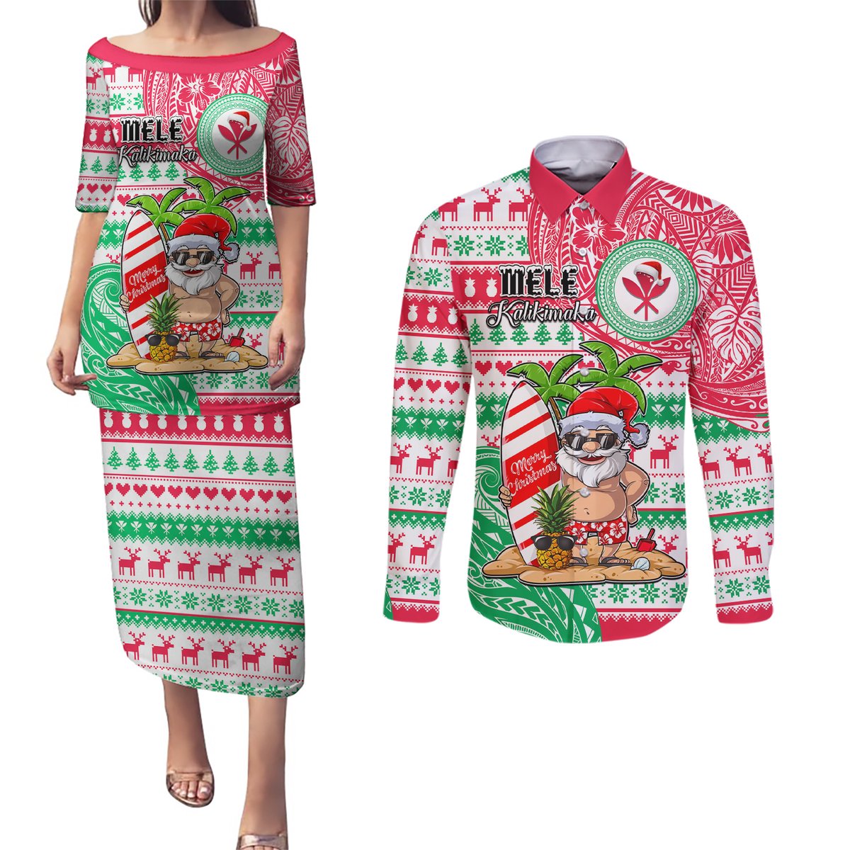 Personalized Hawaii Christmas Couples Matching Puletasi Dress and Long Sleeve Button Shirts Santa Claus Surf Mele Kalikimaka LT05 Red - Polynesian Pride