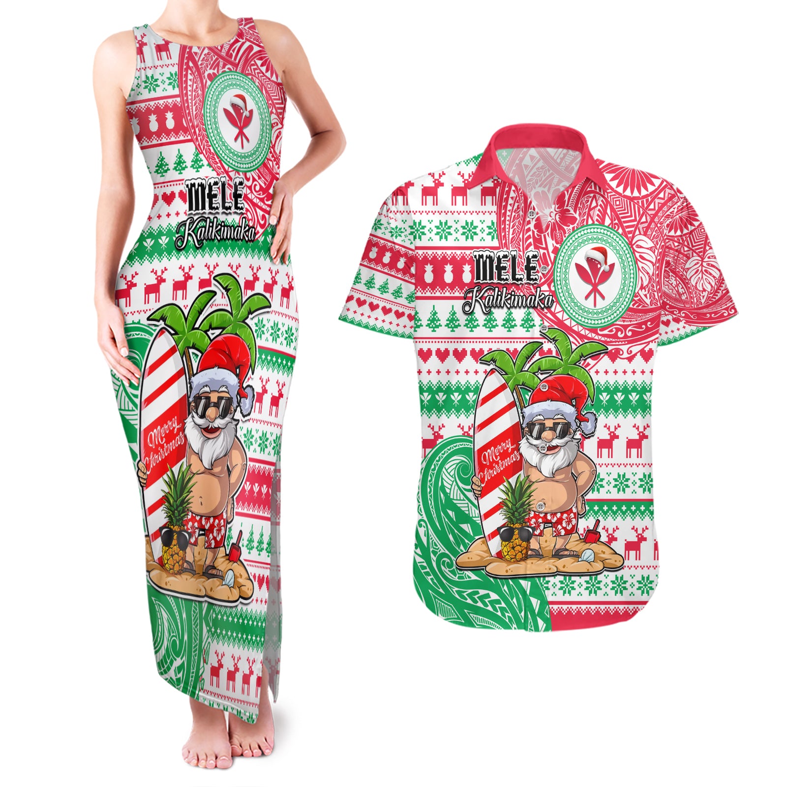 Personalized Hawaii Christmas Couples Matching Tank Maxi Dress and Hawaiian Shirt Santa Claus Surf Mele Kalikimaka LT05 Red - Polynesian Pride