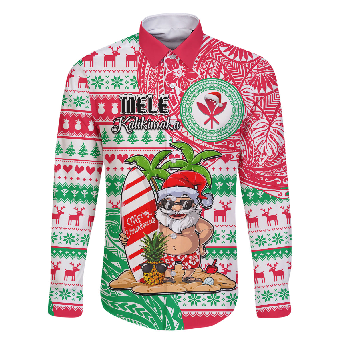 Personalized Hawaii Christmas Family Matching Off Shoulder Maxi Dress and Hawaiian Shirt Santa Claus Surf Mele Kalikimaka LT05 Dad's Shirt - Long Sleeve Red - Polynesian Pride