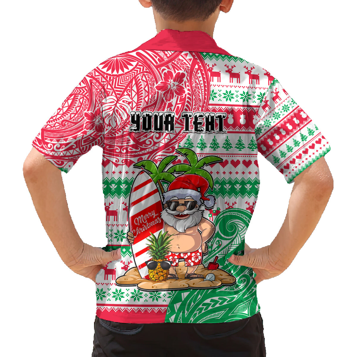 Personalized Hawaii Christmas Family Matching Off Shoulder Short Dress and Hawaiian Shirt Santa Claus Surf Mele Kalikimaka LT05 - Polynesian Pride