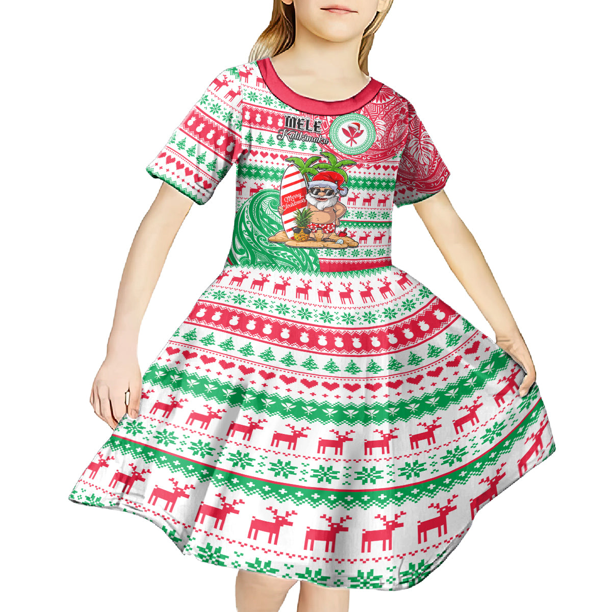 Personalized Hawaii Christmas Kid Short Sleeve Dress Santa Claus Surf Mele Kalikimaka LT05 - Polynesian Pride