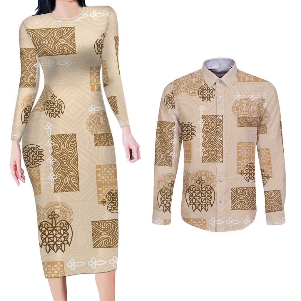 Vintage Lapita Couples Matching Long Sleeve Bodycon Dress and Long Sleeve Button Shirt Iconic Double Face Pattern Beige