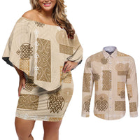 Vintage Lapita Couples Matching Off Shoulder Short Dress and Long Sleeve Button Shirt Iconic Double Face Pattern Beige