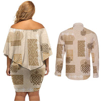 Vintage Lapita Couples Matching Off Shoulder Short Dress and Long Sleeve Button Shirt Iconic Double Face Pattern Beige
