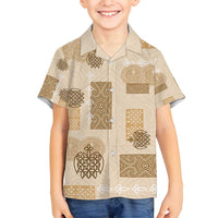 Vintage Lapita Family Matching Long Sleeve Bodycon Dress and Hawaiian Shirt Iconic Double Face Pattern Beige