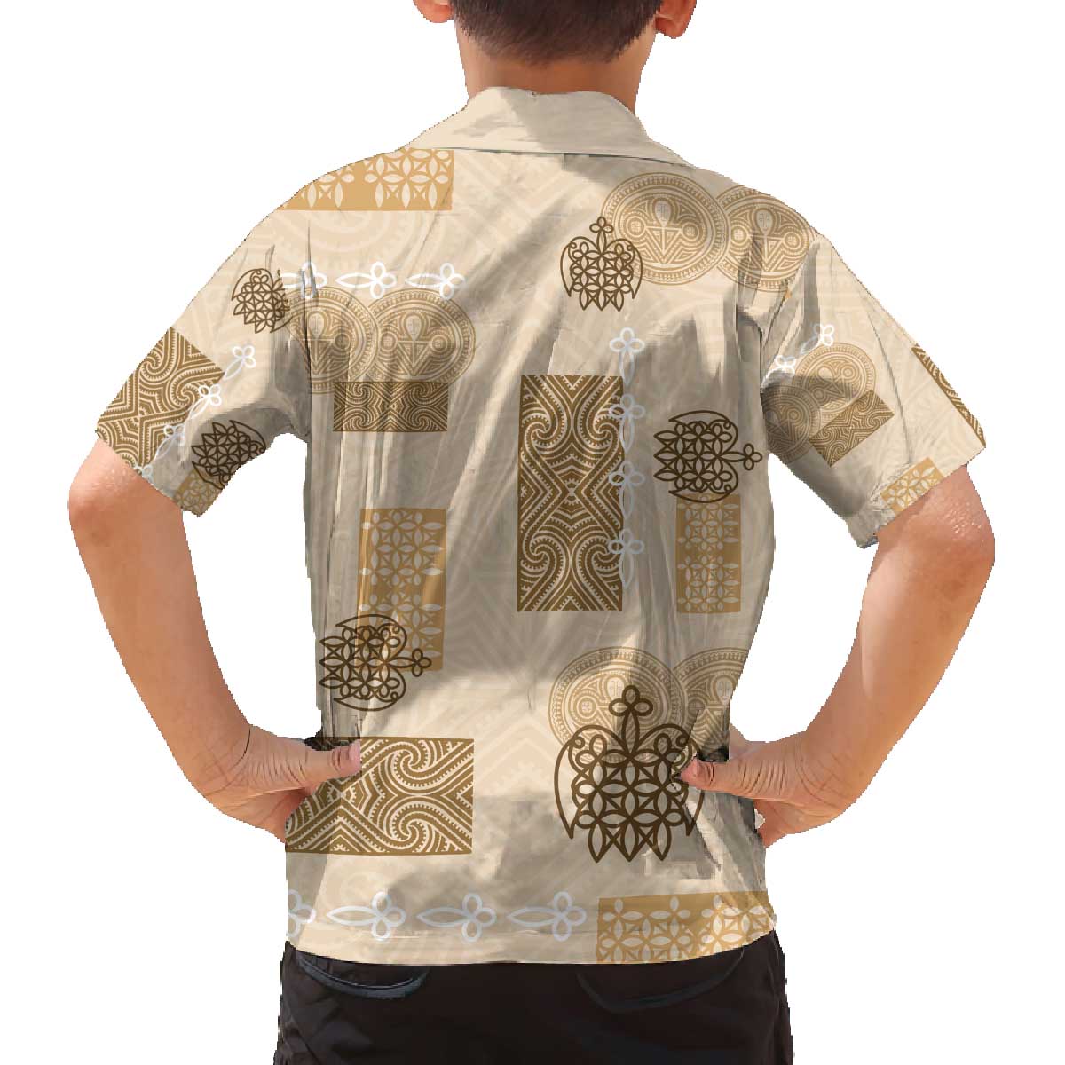 Vintage Lapita Family Matching Off The Shoulder Long Sleeve Dress and Hawaiian Shirt Iconic Double Face Pattern Beige