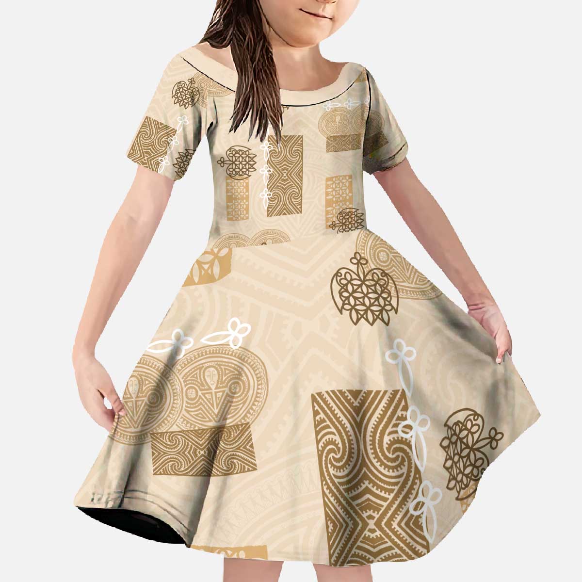 Vintage Lapita Family Matching Off The Shoulder Long Sleeve Dress and Hawaiian Shirt Iconic Double Face Pattern Beige