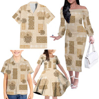 Vintage Lapita Family Matching Off The Shoulder Long Sleeve Dress and Hawaiian Shirt Iconic Double Face Pattern Beige