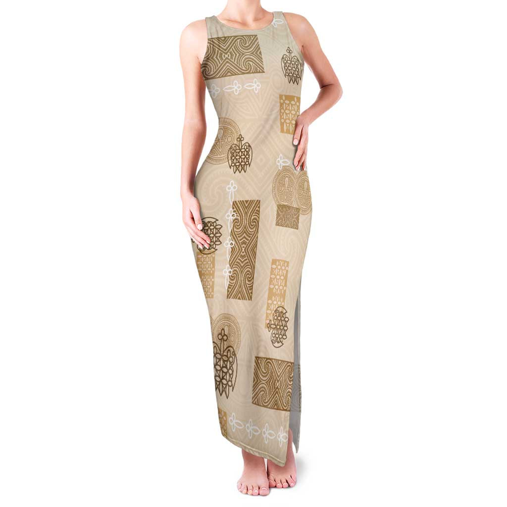Vintage Lapita Family Matching Tank Maxi Dress and Hawaiian Shirt Iconic Double Face Pattern Beige