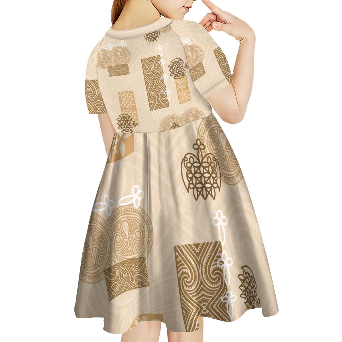 Vintage Lapita Kid Short Sleeve Dress Iconic Double Face Pattern Beige