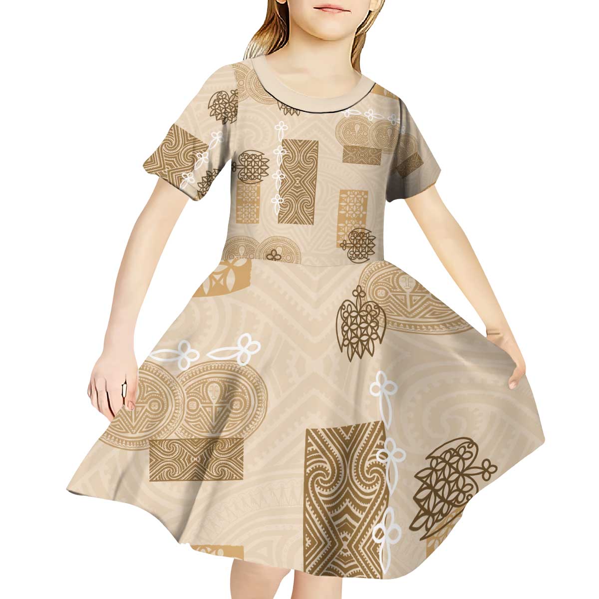 Vintage Lapita Kid Short Sleeve Dress Iconic Double Face Pattern Beige