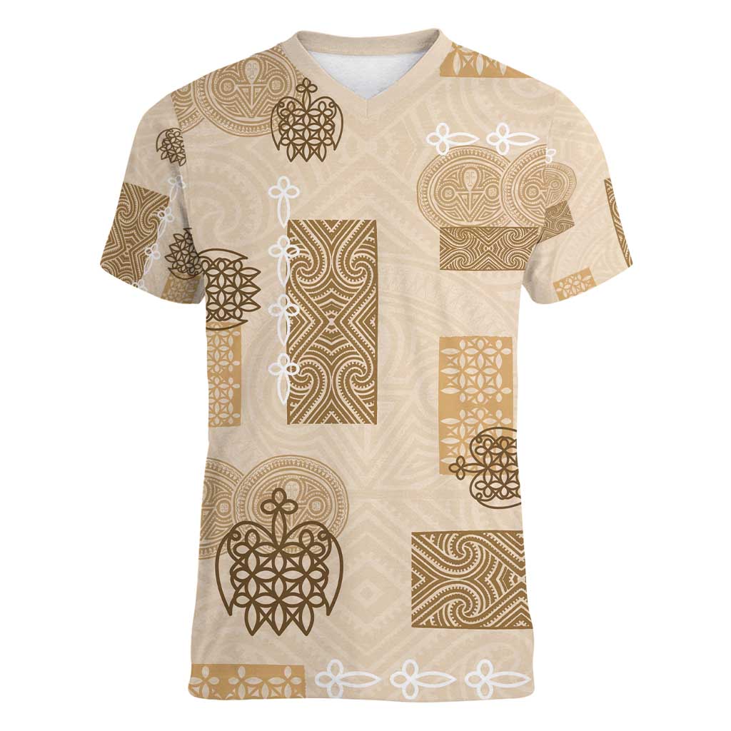 Vintage Lapita Women V-Neck T-Shirt Iconic Double Face Pattern Beige