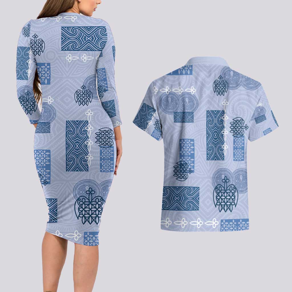 Vintage Lapita Couples Matching Long Sleeve Bodycon Dress and Hawaiian Shirt Iconic Double Face Pattern Blue