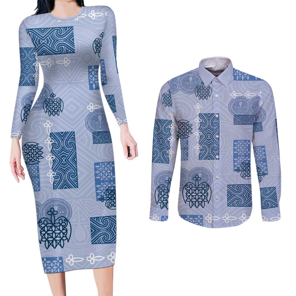 Vintage Lapita Couples Matching Long Sleeve Bodycon Dress and Long Sleeve Button Shirt Iconic Double Face Pattern Blue