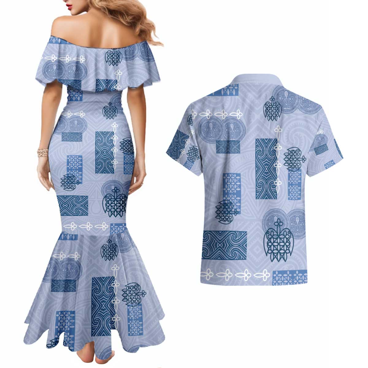 Vintage Lapita Couples Matching Mermaid Dress and Hawaiian Shirt Iconic Double Face Pattern Blue