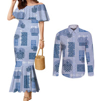Vintage Lapita Couples Matching Mermaid Dress and Long Sleeve Button Shirt Iconic Double Face Pattern Blue