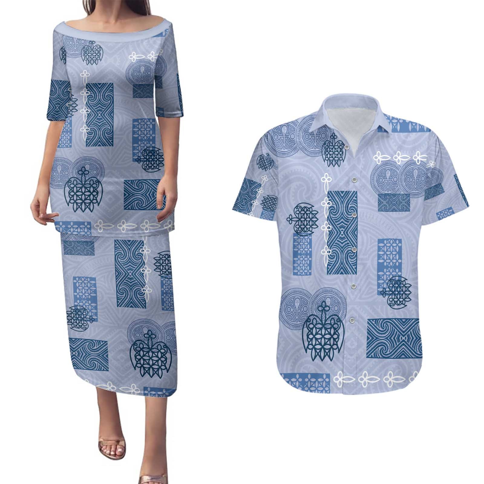 Vintage Lapita Couples Matching Puletasi and Hawaiian Shirt Iconic Double Face Pattern Blue