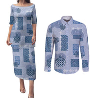 Vintage Lapita Couples Matching Puletasi and Long Sleeve Button Shirt Iconic Double Face Pattern Blue