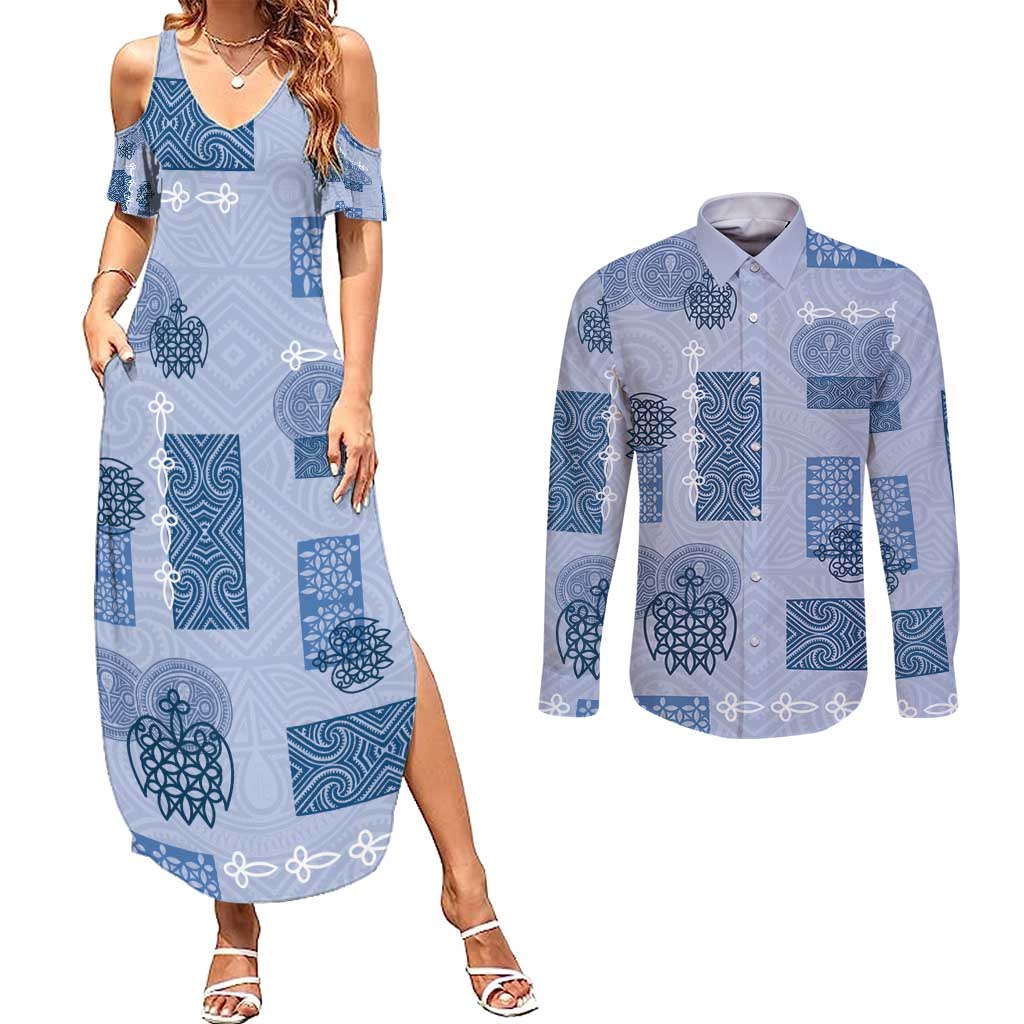 Vintage Lapita Couples Matching Summer Maxi Dress and Long Sleeve Button Shirt Iconic Double Face Pattern Blue