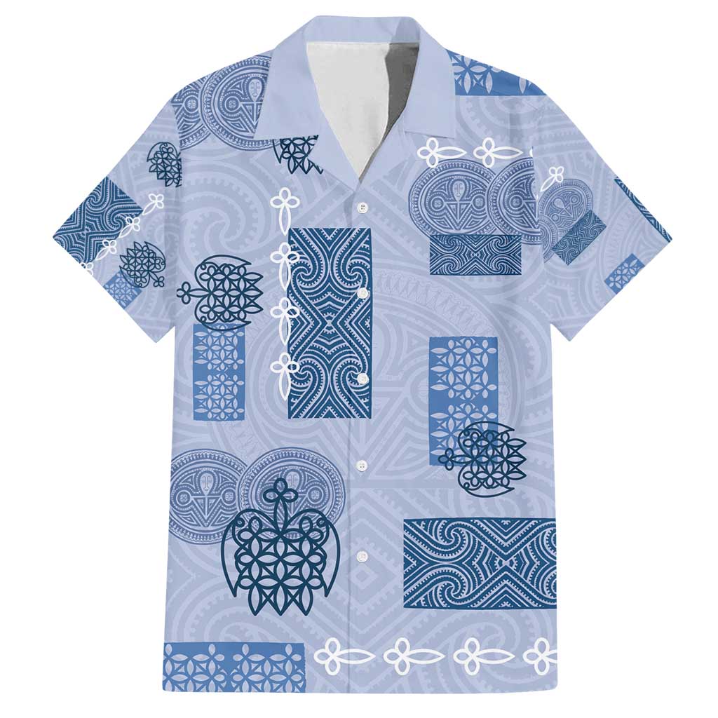 Vintage Lapita Family Matching Long Sleeve Bodycon Dress and Hawaiian Shirt Iconic Double Face Pattern Blue
