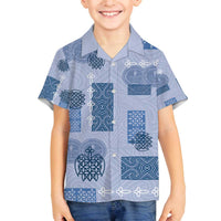 Vintage Lapita Family Matching Off The Shoulder Long Sleeve Dress and Hawaiian Shirt Iconic Double Face Pattern Blue LT05 Son's Shirt Blue - Polynesian Pride