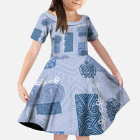 Vintage Lapita Family Matching Off Shoulder Maxi Dress and Hawaiian Shirt Iconic Double Face Pattern Blue