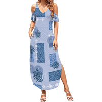 Vintage Lapita Family Matching Summer Maxi Dress and Hawaiian Shirt Iconic Double Face Pattern Blue