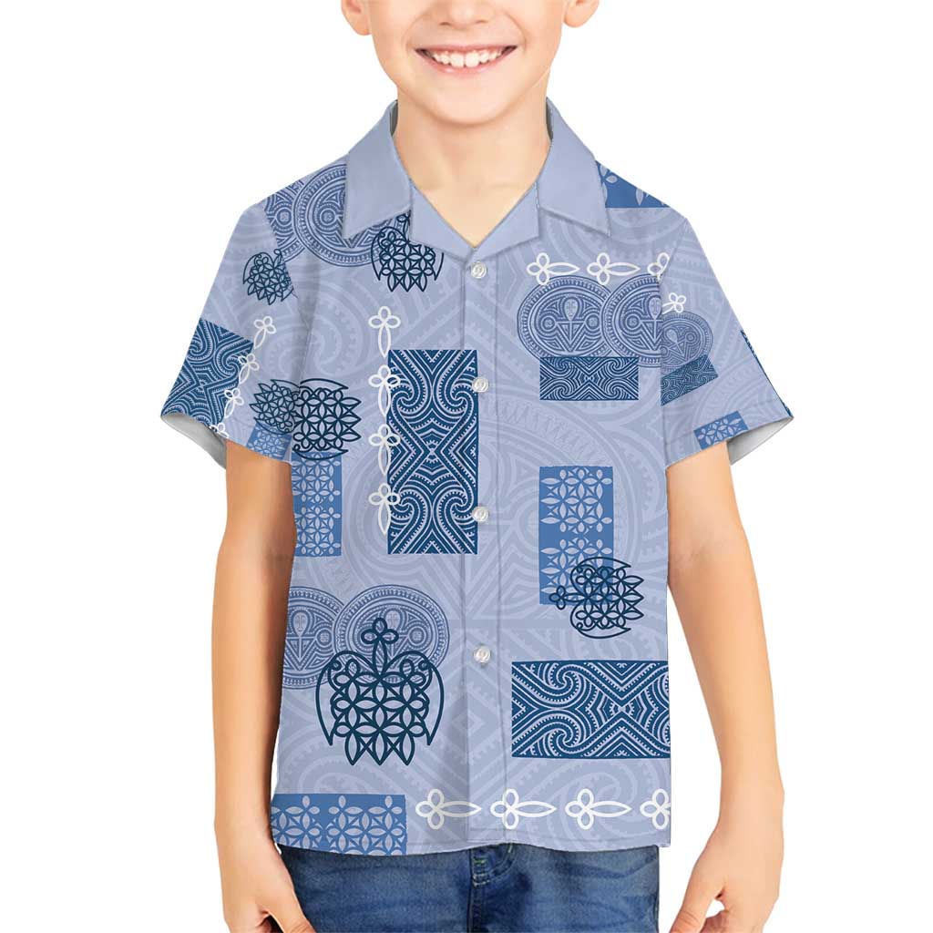 Vintage Lapita Family Matching Summer Maxi Dress and Hawaiian Shirt Iconic Double Face Pattern Blue