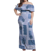 Vintage Lapita Off Shoulder Maxi Dress Iconic Double Face Pattern Blue