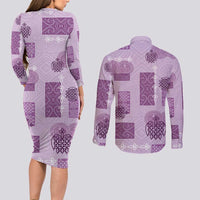 Vintage Lapita Couples Matching Long Sleeve Bodycon Dress and Long Sleeve Button Shirt Iconic Double Face Pattern Violet