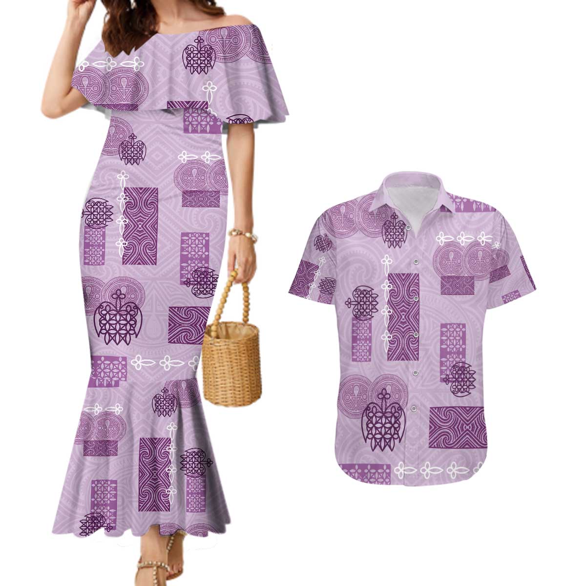 Vintage Lapita Couples Matching Mermaid Dress and Hawaiian Shirt Iconic Double Face Pattern Violet