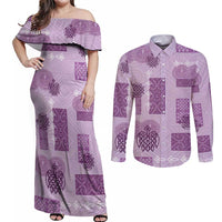 Vintage Lapita Couples Matching Off Shoulder Maxi Dress and Long Sleeve Button Shirt Iconic Double Face Pattern Violet