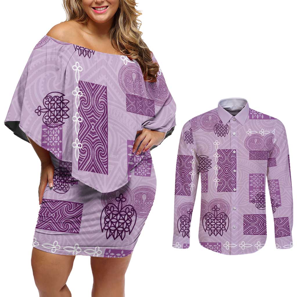 Vintage Lapita Couples Matching Off Shoulder Short Dress and Long Sleeve Button Shirt Iconic Double Face Pattern Violet