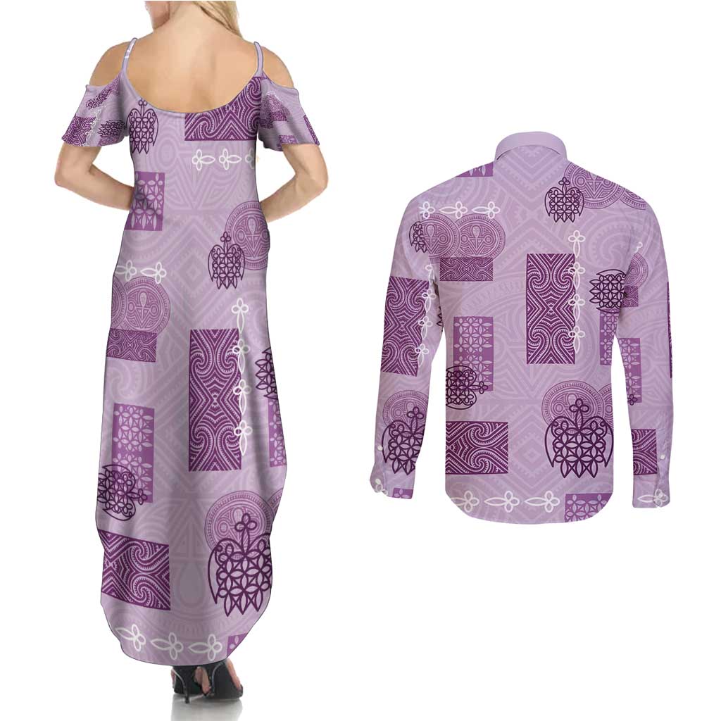 Vintage Lapita Couples Matching Summer Maxi Dress and Long Sleeve Button Shirt Iconic Double Face Pattern Violet