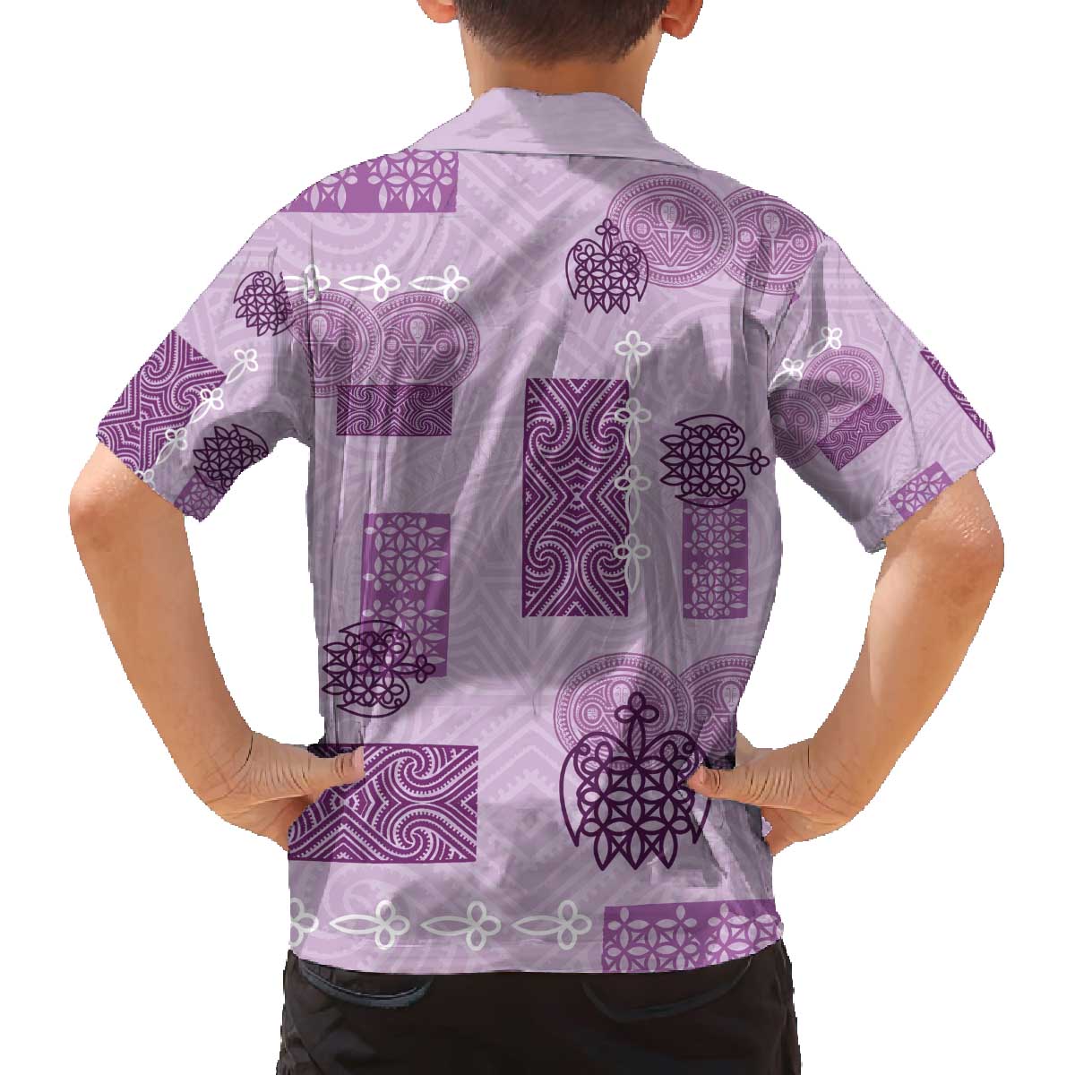 Vintage Lapita Family Matching Off The Shoulder Long Sleeve Dress and Hawaiian Shirt Iconic Double Face Pattern Violet LT05 - Polynesian Pride