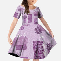 Vintage Lapita Family Matching Off The Shoulder Long Sleeve Dress and Hawaiian Shirt Iconic Double Face Pattern Violet LT05 Daughter's Dress Violet - Polynesian Pride