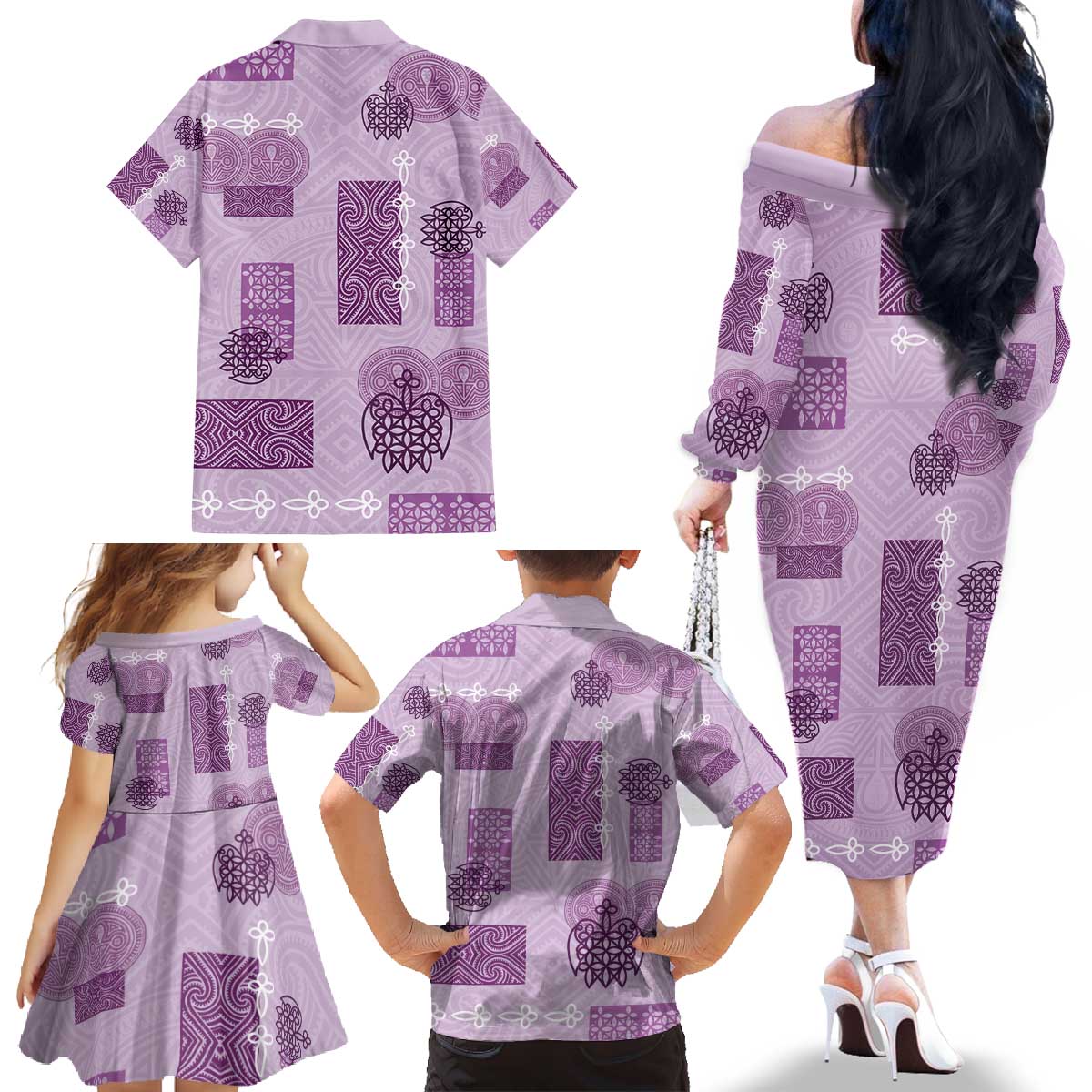 Vintage Lapita Family Matching Off The Shoulder Long Sleeve Dress and Hawaiian Shirt Iconic Double Face Pattern Violet LT05 - Polynesian Pride
