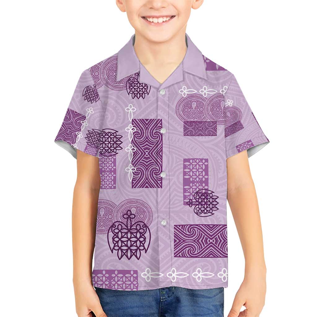 Vintage Lapita Family Matching Summer Maxi Dress and Hawaiian Shirt Iconic Double Face Pattern Violet