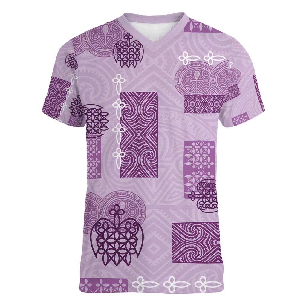 Vintage Lapita Women V-Neck T-Shirt Iconic Double Face Pattern Violet