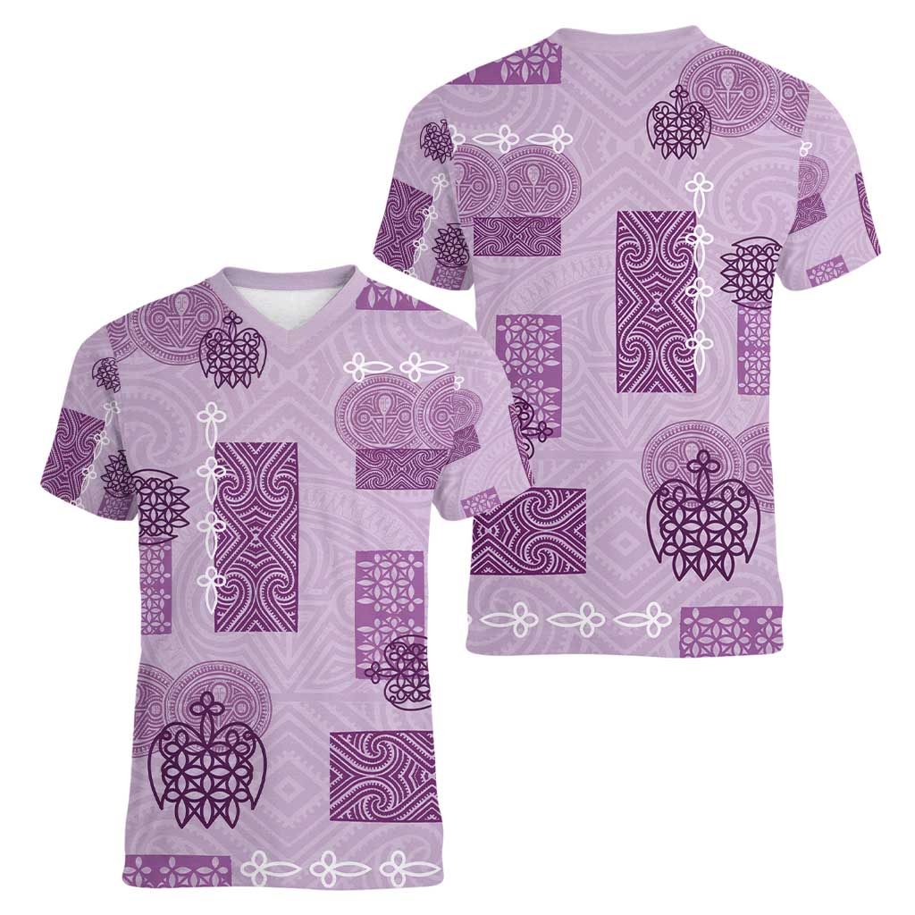 Vintage Lapita Women V-Neck T-Shirt Iconic Double Face Pattern Violet