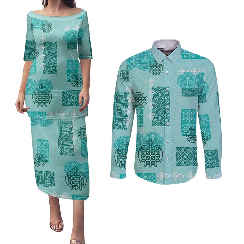 Vintage Lapita Couples Matching Puletasi and Long Sleeve Button Shirt Iconic Double Face Pattern Turquoise LT05