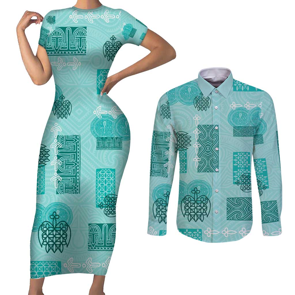 Vintage Lapita Couples Matching Short Sleeve Bodycon Dress and Long Sleeve Button Shirt Iconic Double Face Pattern Turquoise LT05
