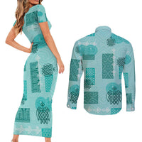 Vintage Lapita Couples Matching Short Sleeve Bodycon Dress and Long Sleeve Button Shirt Iconic Double Face Pattern Turquoise LT05
