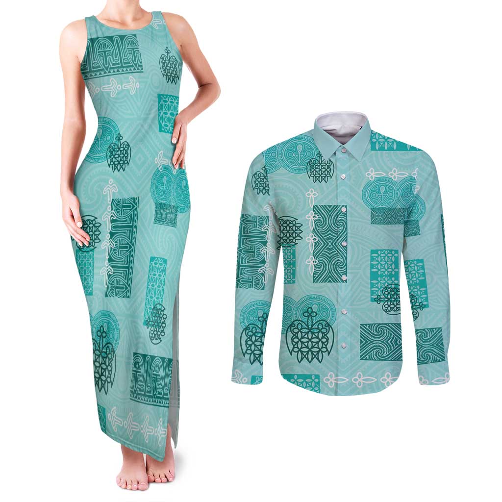 Vintage Lapita Couples Matching Tank Maxi Dress and Long Sleeve Button Shirt Iconic Double Face Pattern Turquoise LT05