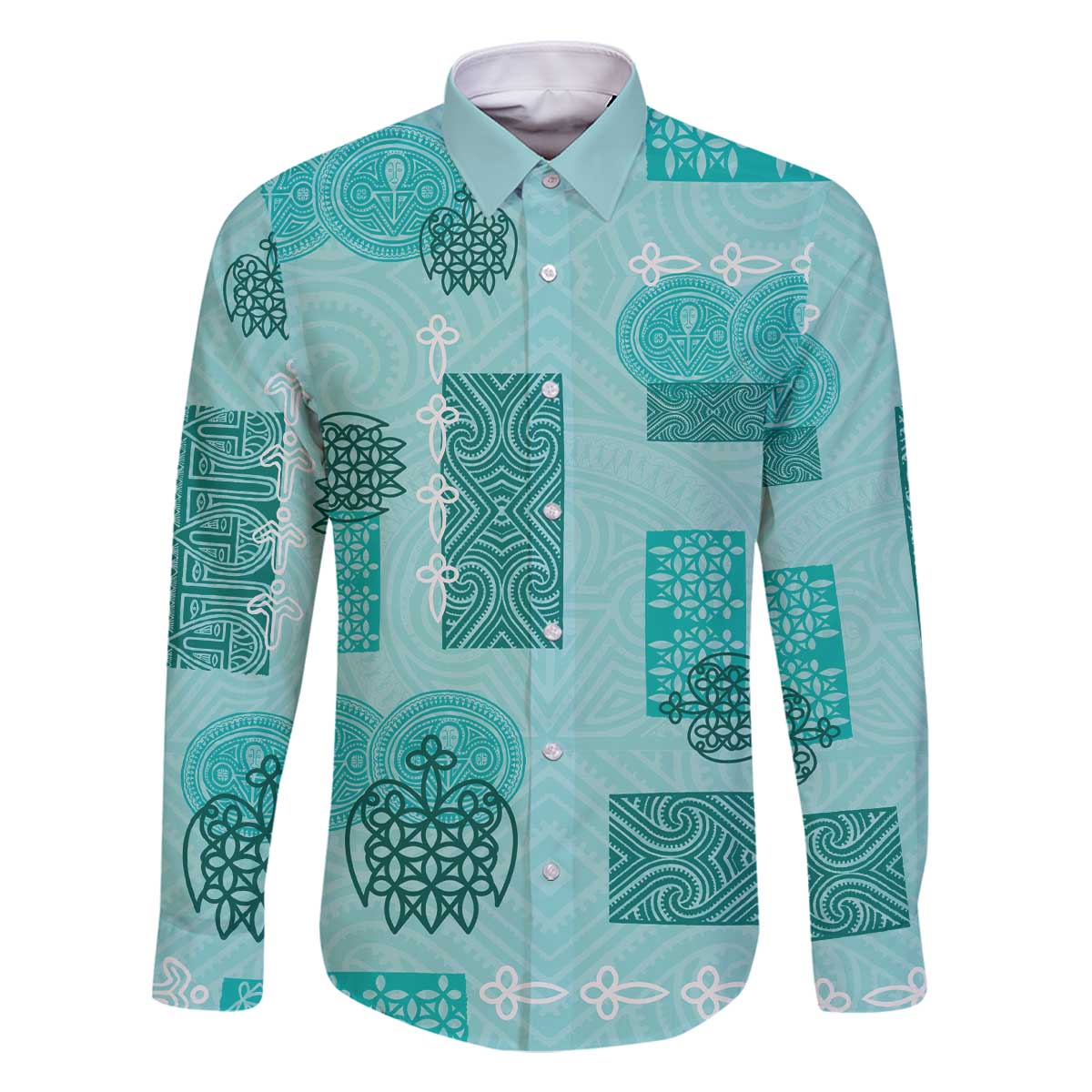 Vintage Lapita Family Matching Off The Shoulder Long Sleeve Dress and Hawaiian Shirt Iconic Double Face Pattern Turquoise LT05