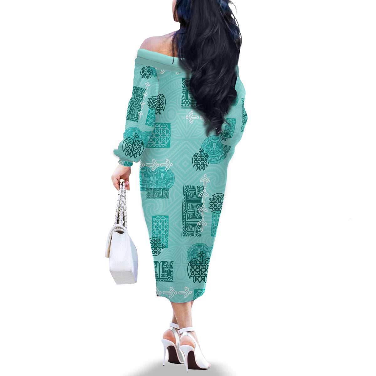 Vintage Lapita Family Matching Off The Shoulder Long Sleeve Dress and Hawaiian Shirt Iconic Double Face Pattern Turquoise LT05