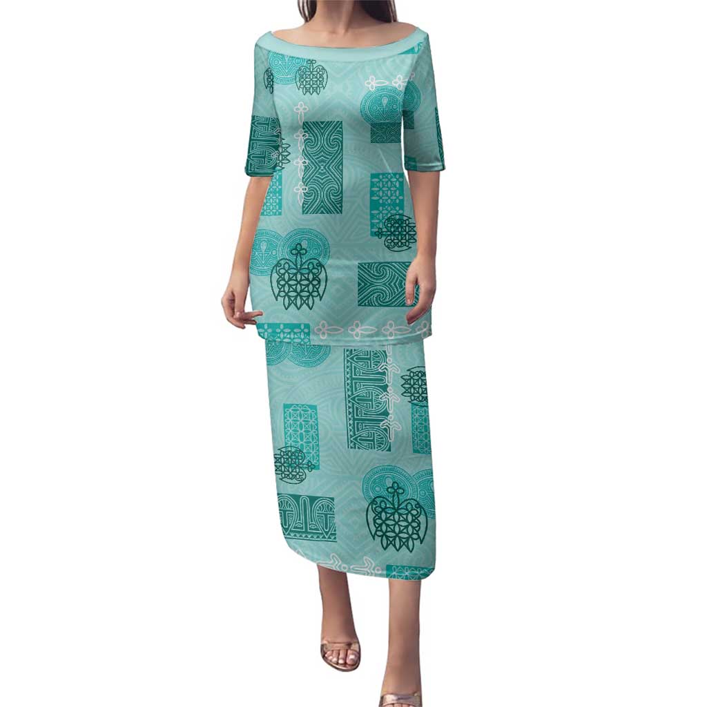 Vintage Lapita Family Matching Puletasi and Hawaiian Shirt Iconic Double Face Pattern Turquoise LT05