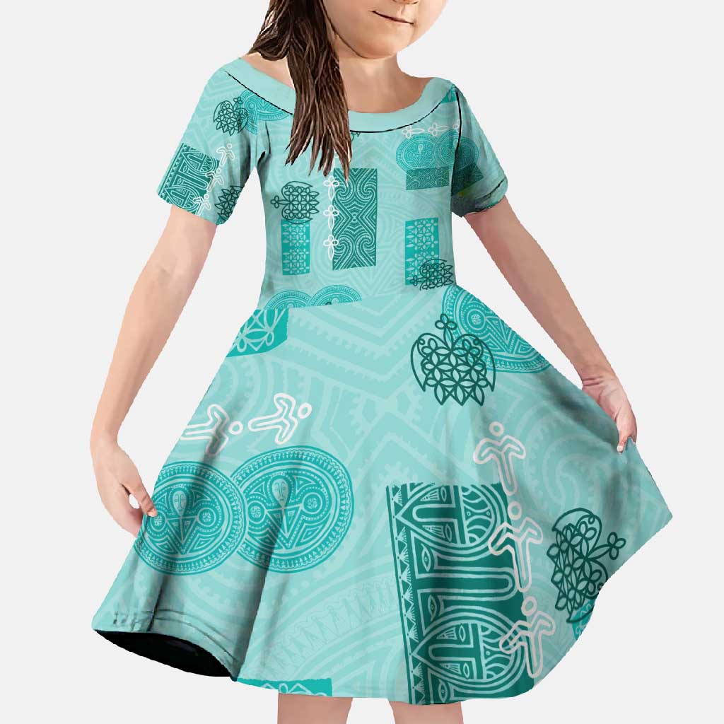 Vintage Lapita Family Matching Summer Maxi Dress and Hawaiian Shirt Iconic Double Face Pattern Turquoise LT05