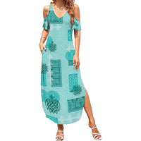 Vintage Lapita Family Matching Summer Maxi Dress and Hawaiian Shirt Iconic Double Face Pattern Turquoise LT05