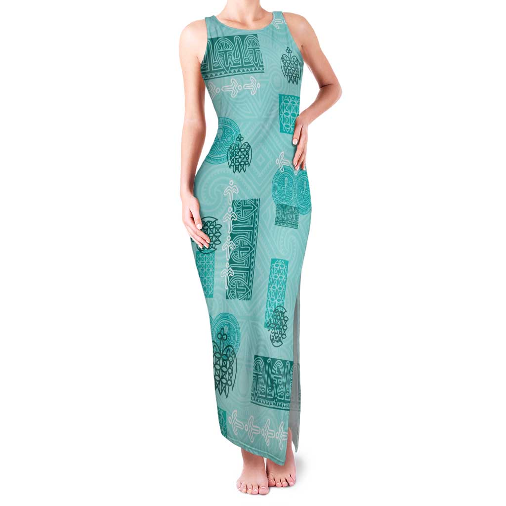 Vintage Lapita Family Matching Tank Maxi Dress and Hawaiian Shirt Iconic Double Face Pattern Turquoise LT05